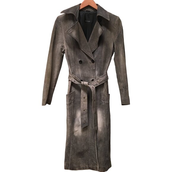 Tara Jarmon Genuine Leather Trench Coat Distressed Suede Waist Tie Belt RARE - Picture 1 of 15
